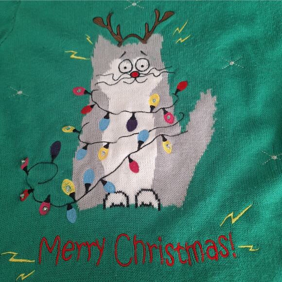 Holiday Time Ugly Christmas Sweater Merry Christmas Cat Long Sleeves Sz XL - Picture 1 of 8